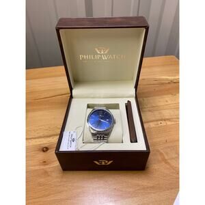 Philip Watch Swiss Roma 41MM Blue Dial Date Quartz SS New!